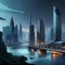 Futuristic city, night mode, buildings, lake, technology city, generative ai