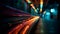Futuristic city nightlife Illuminated streets, blurred motion, glowing reflections, multi colored patterns generated by