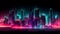 Futuristic city with pink and teal neon light for background and banner.