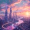 Futuristic city powered by clean energy, dawn light, wide angle, skyline transformation