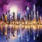 Futuristic city skyline with mesmerizing liquid mercury structures