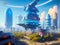Futuristic city and space base, science fiction scenery, generative ai illustration, these depiction is fictitious and generated