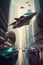 Futuristic city street, aircrafts flying above cars driving on urban road, generative AI