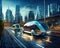 Futuristic city street car on urban road near fantastic buildings