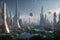 a futuristic city, with towering glass and steel skyscrapers, surrounded by stars and planets