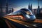 Futuristic city transit high speed train on the road, 3D rendering