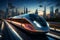 Futuristic city transit high speed train on the road, 3D rendering