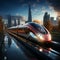 Futuristic city transit high speed train on the road, 3D rendering