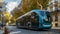 Futuristic city transport: sleek autonomous bus on urban street. clean energy, smart technology concept captured in