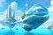 The futuristic cityscape with an aircraft. Beautiful blue lake. DIgital Painting Illustration Style