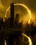 A futuristic cityscape bathed in the eerie yellow light of a ring of fire eclipse
