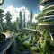 Futuristic Cityscape Blending with Lush Green Landscapes