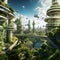 Futuristic Cityscape Blending with Lush Green Landscapes