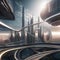 A futuristic cityscape with buildings and structures bending and twisting in a surreal and futuristic manner, as if alive with m
