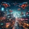 Futuristic cityscape with drones and advanced surveillance technology