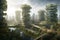 A futuristic cityscape featuring green infrastructure such as rooftop gardens, vertical farms Generative AI