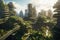 A futuristic cityscape featuring green infrastructure such as rooftop gardens, vertical farms Generative AI