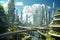 A futuristic cityscape with green rooftops, vertical gardens, and renewable energy sources integrated seamlessly into the