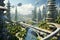 A futuristic cityscape with green rooftops, vertical gardens, and renewable energy sources integrated seamlessly into the