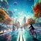 Futuristic cityscape with high-tech bicycles zooming through the streets