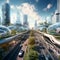 Futuristic Cityscape with Integrated Modes of Transportation