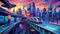 Futuristic Cityscape with Monorail at Dusk: Vivid Urban Skyline