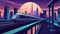 Futuristic Cityscape with Monorail at Sunset Illustration