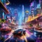 Futuristic Cityscape with Neon-Lit Hovercars and Diverse Characters