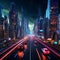 Futuristic cityscape with road and cars on foreground. AI Generative