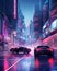 Futuristic cityscape with road and cars on foreground. AI Generative