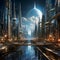 Futuristic Cityscape with Shimmering Metallic Surfaces