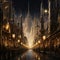 Futuristic Cityscape with Shimmering Metallic Surfaces