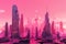 futuristic cityscape, with towering skyscrapers and pink skies, against pink futuristic background
