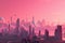 futuristic cityscape, with towering skyscrapers and pink skies, against pink futuristic background