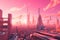 futuristic cityscape, with towering skyscrapers and pink skies, against pink futuristic background