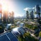 Futuristic Cityscape with Vibrant Solar Panels