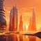 A futuristic cityscape where buildings are made of mango-colored glass, reflecting the warm hues of the setting sun.