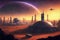 Futuristic colony on exoplanet with colossal constructions depicted in digital artwork. illustration painting