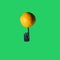Futuristic concept with robot black hand touching orange fruit on light green background. Modern technology. Progress idea