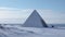 Futuristic concept of saving planet. Egyptian pyramids in snow. AI generated.