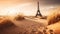 Futuristic concept of saving planet. Parisian Eiffel Tower in desert sands. AI generated.