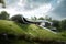 futuristic and conceptual house, surrounded by sprawling green lawns and natural surroundings