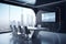 Futuristic conference room with blank wall plasma and city view. 3D Rendering