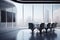 Futuristic conference room with blank wall plasma and city view. 3D Rendering