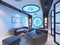 Futuristic Contemporary interior cafe in acid blue colors