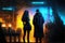 A futuristic couple stands in the advanced forge, sci-fi setting