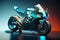 Futuristic custom angled light motorcycle concept with glowing blue tones. Neural network generated art