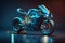 Futuristic custom angled light motorcycle concept with glowing blue tones. Neural network generated art