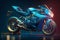 Futuristic custom angled light motorcycle concept with glowing blue tones. Neural network generated art