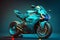 Futuristic custom angled light motorcycle concept with glowing blue tones. Neural network generated art